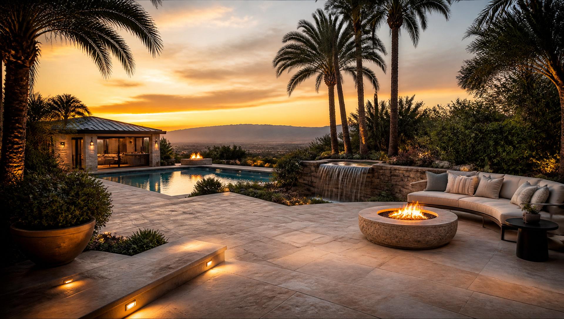California luxury backyard at golden hour with stone patio, water feature and palm trees