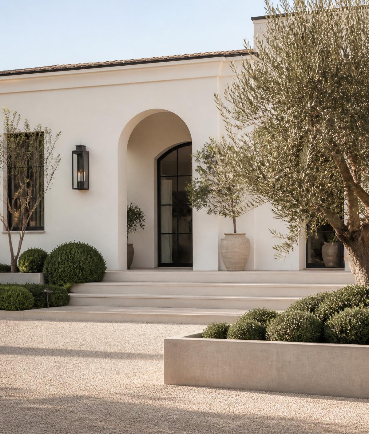 Elegant California home entrance with manicured landscaping